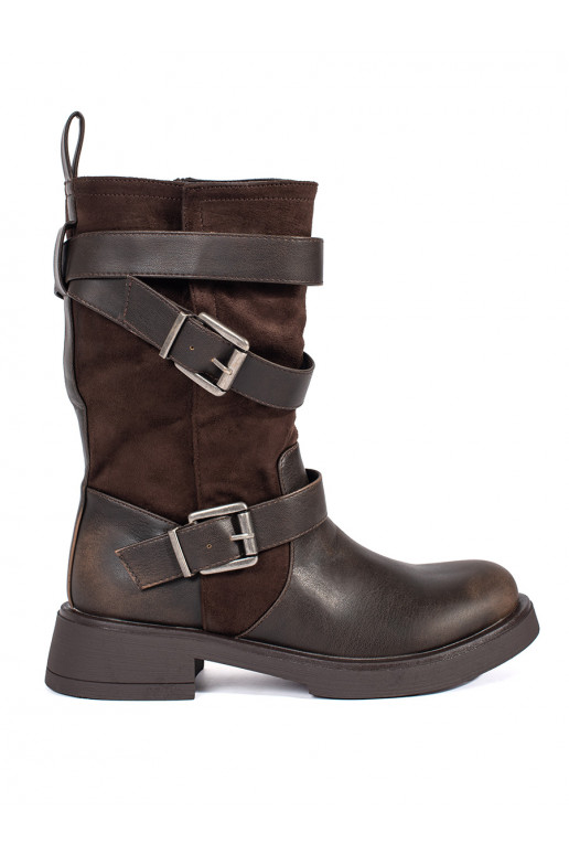 Tmavě hnědé kozačky na nízkém podpatku s přezkami