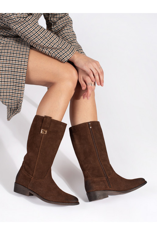 Dámské hnědé kožené kozačky kovbojského typu na podpatku Sergio Leone