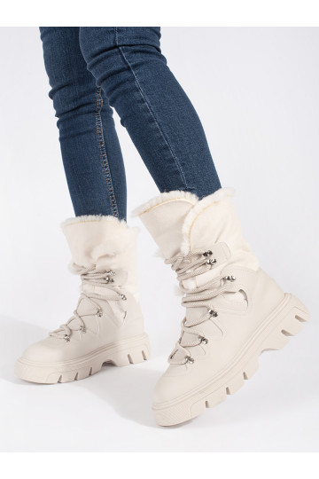 Béžové dámské šněrovací sněhule s kožíškem na platformě