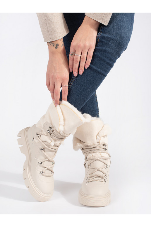 Béžové dámské šněrovací sněhule s kožíškem na platformě