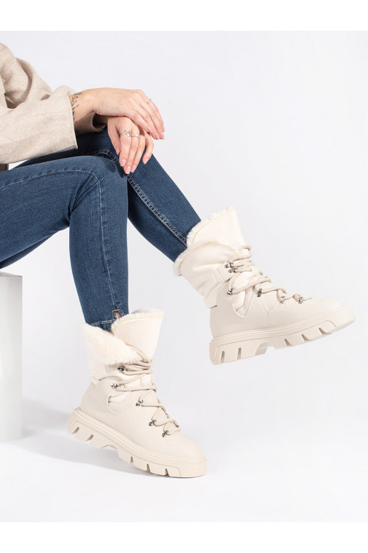 Béžové dámské šněrovací sněhule s kožíškem na platformě