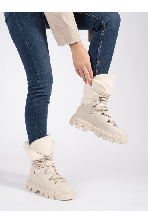 Béžové dámské šněrovací sněhule s kožíškem na platformě