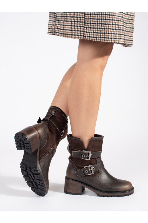 Hnědé dámské kotníkové boty na podpatku se sponami