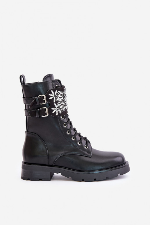 Zateplené pracovní boty s ozdobným pásem a přezkami černé Viveria Zateplené pracovní boty s ozdobným pásem a přezkami černé Viveria