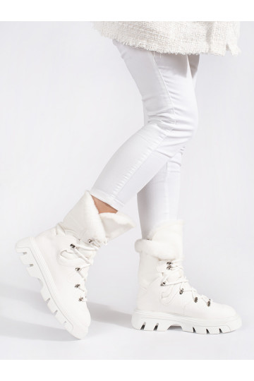 Bílé šněrovací dámské sněhule s kožešinou na platformě