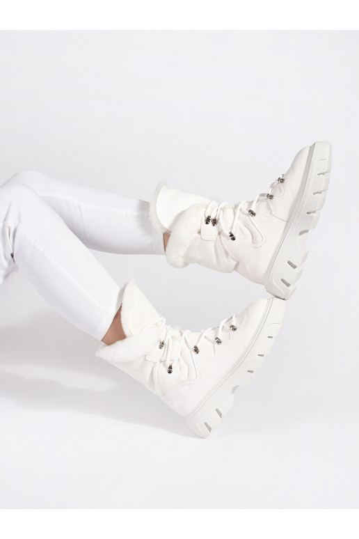 Bílé šněrovací dámské sněhule s kožešinou na platformě