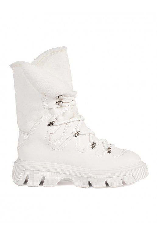 Bílé šněrovací dámské sněhule s kožešinou na platformě