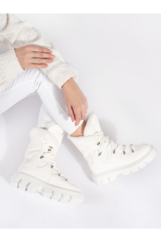Bílé šněrovací dámské sněhule s kožešinou na platformě