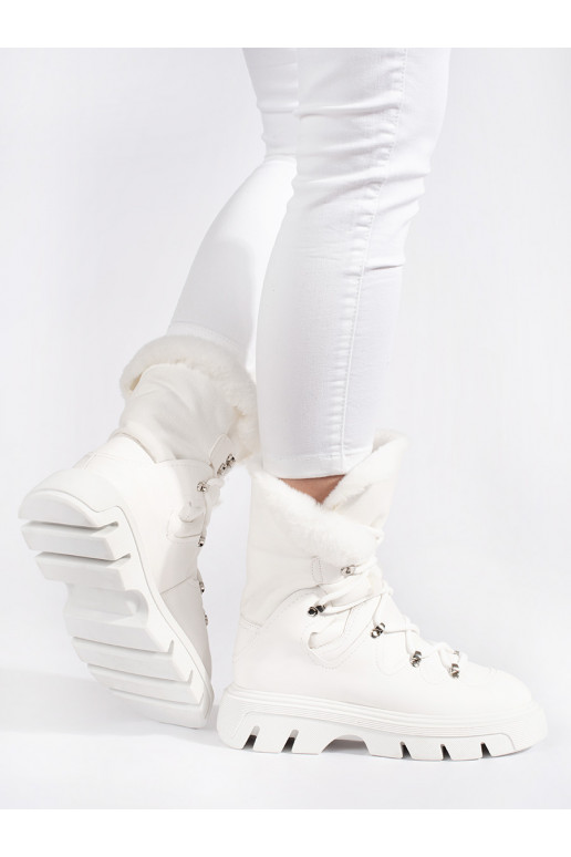 Bílé šněrovací dámské sněhule s kožešinou na platformě