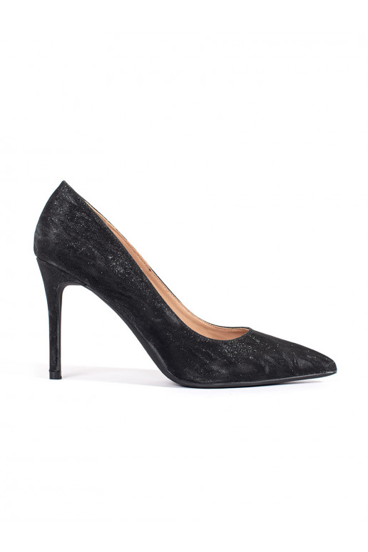 Černé brokátové dámské lodičky na tenkém podpatku