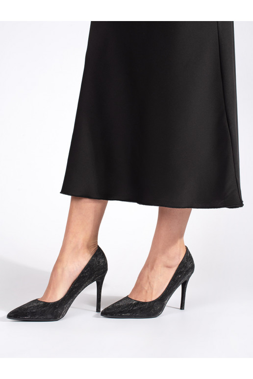 Černé brokátové dámské lodičky na tenkém podpatku