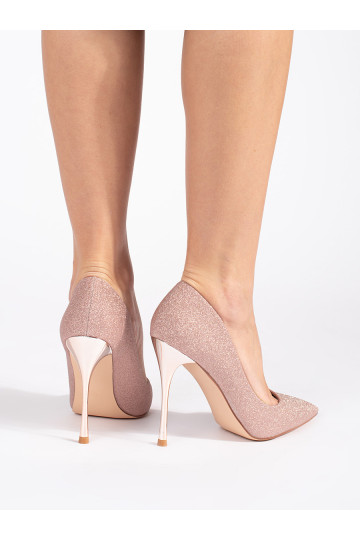 Třpytivé růžovo-zlaté dámské lodičky s jehlovým metalickým podpatkem 2