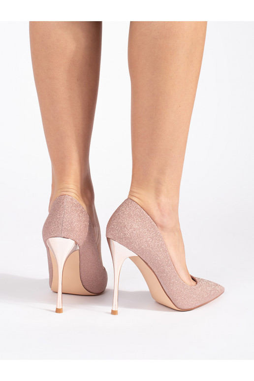 Třpytivé růžovo-zlaté dámské lodičky s jehlovým metalickým podpatkem