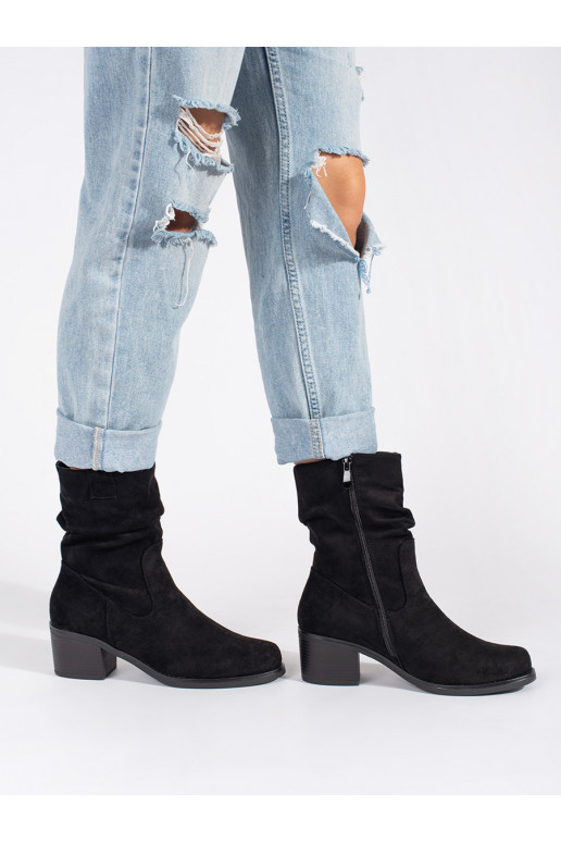 Czarne botki damskie w stylu kowbojek z marszczoną cholewką