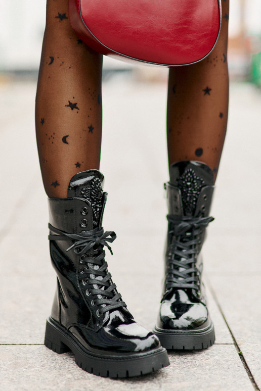 Lakované Zateplené Boty Pracovní Se Zdobením Černé Kelilea Lakované Zateplené Boty Pracovní Se Zdobením Černé Kelilea