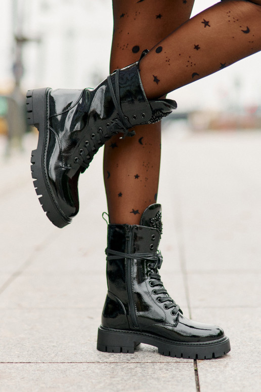 Lakované Zateplené Boty Pracovní Se Zdobením Černé Kelilea Lakované Zateplené Boty Pracovní Se Zdobením Černé Kelilea