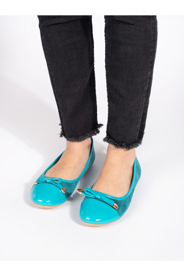 Modré ploché dámské baleríny s lakovanou špičkou