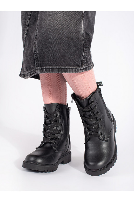 Černé šněrovací kotníkové dívčí boty zateplené kožíškem