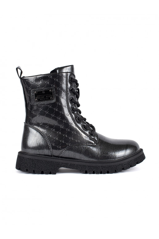Černé lakované dívčí kotníkové boty na šněrování