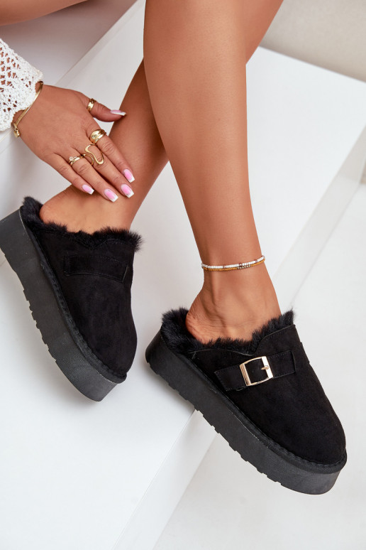 Dámské Pantofle Na Silné Podešvi S Kožíškem A Přezkou Černé Linneola Dámské Pantofle Na Silné Podešvi S Kožíškem A Přezkou Černé Linneola