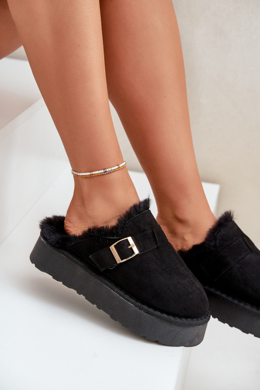 Dámské Pantofle Na Silné Podešvi S Kožíškem A Přezkou Černé Linneola Dámské Pantofle Na Silné Podešvi S Kožíškem A Přezkou Černé Linneola