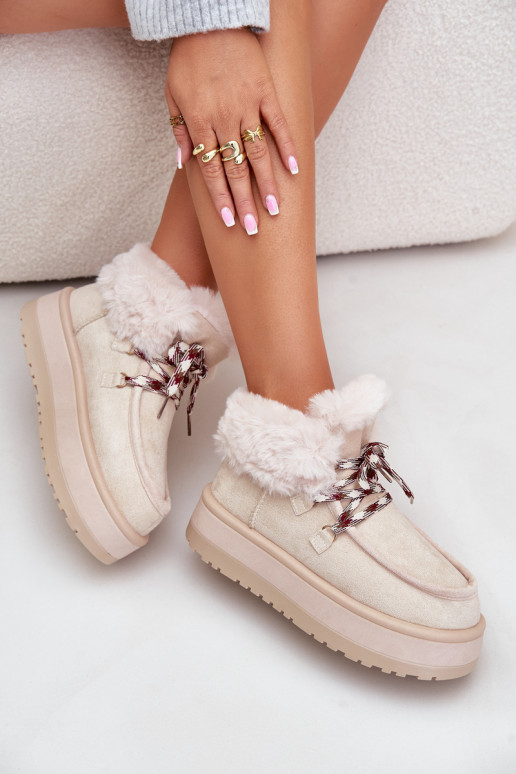 Nízké dámské sněhule na platformě s kožíškem světle béžové Neathren Nízké dámské sněhule na platformě s kožíškem světle béžové Neathren