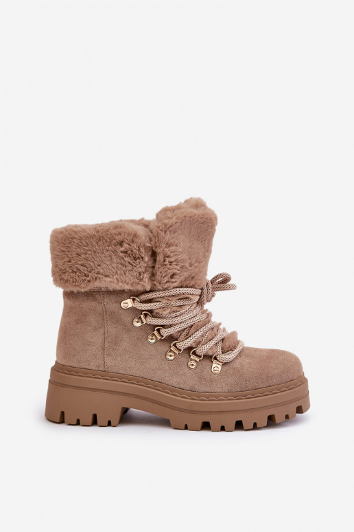 Dámské Šněrovací Boty S Kožíškem Tmavě Béžové Vaminia