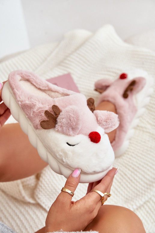 Dámské huňaté pantofle s motivem jelena růžové Wistira Dámské huňaté pantofle s motivem jelena růžové Wistira