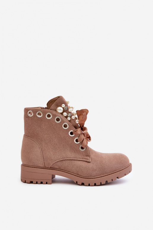 Semišové Zateplené Boty S Perlami A Stuhou Béžové Perla Semišové Zateplené Boty S Perlami A Stuhou Béžové Perla