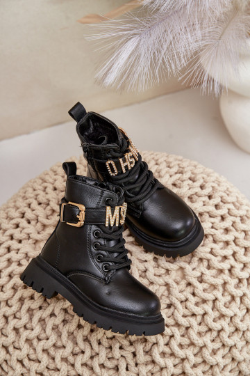 Dívčí boty z eko kůže zateplené s ozdobným páskem černé Gilian 2