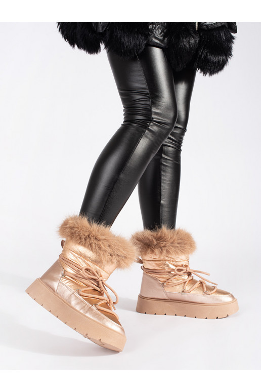 Zlaté dámské sněhule s kožíškem na silné podrážce