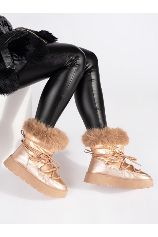 Zlaté dámské sněhule s kožíškem na silné podrážce