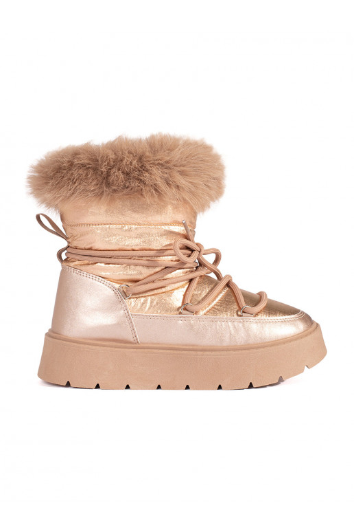 Zlaté dámské sněhule s kožíškem na silné podrážce
