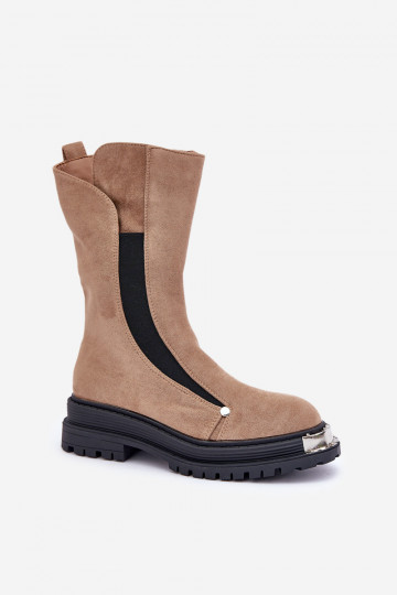 Zamszové Ocieplené Botky Na Plochém Podpatku Bežové Palimra 2