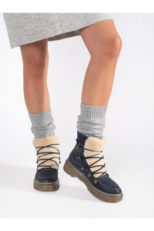 Tmavě modré zateplené traperky na šněrování s kožešinkou beránkového typu