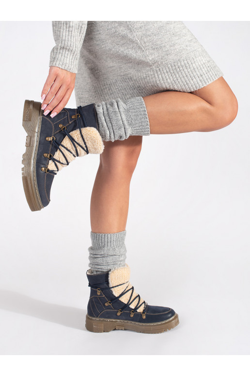 Tmavě modré zateplené traperky na šněrování s kožešinkou beránkového typu