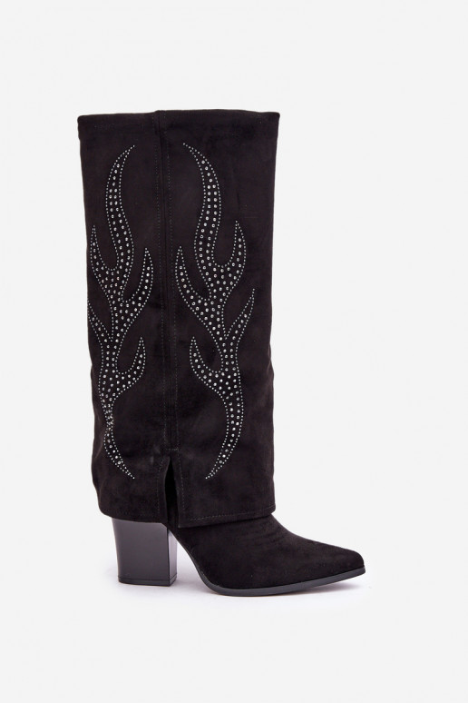 Zdobené kozačky s ohrnutým svrškem na podpatku černé Ivilta Zdobené kozačky s ohrnutým svrškem na podpatku černé Ivilta