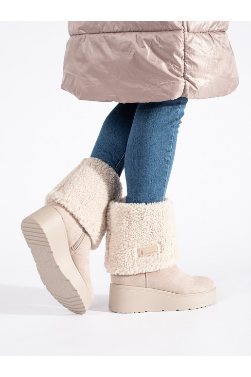 Béžové zateplené dámské kozačky na klínku