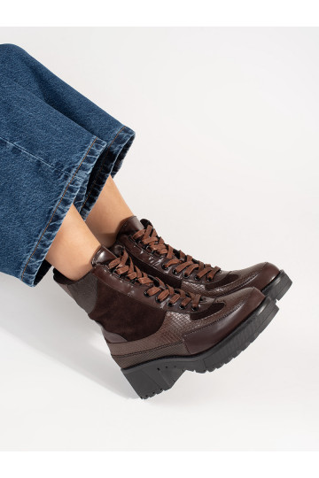 Bordové kotníkové boty na šněrování na nízkém podpatku 2