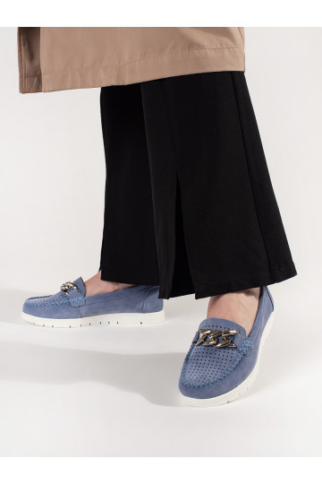 Kožené modré mokasíny s řetízkem na platformě 2