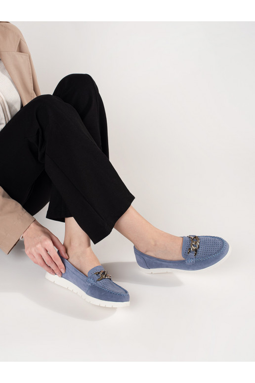 Kožené modré mokasíny s řetízkem na platformě