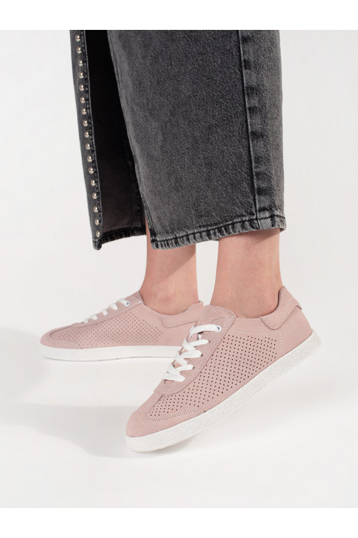 Světle růžové dírkované tenisky z přírodní kůže