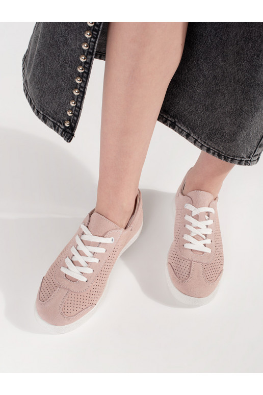 Světle růžové dírkované tenisky z přírodní kůže
