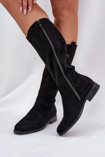 dlouhé boty Z Ażurową Cholewką s širokými podpatky S.Barski HY51-860 Černé