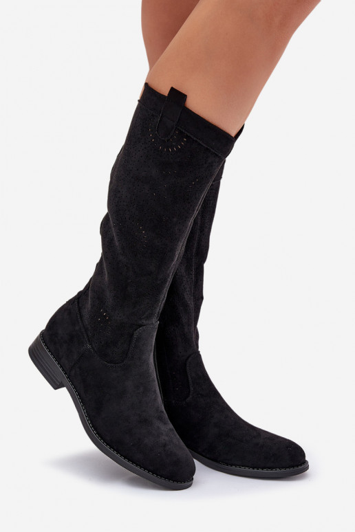 dlouhé boty Z Ażurową Cholewką s širokými podpatky S.Barski HY51-860 Černé dlouhé boty Z Ażurową Cholewką s širokými podpatky S.Barski HY51-860 Černé