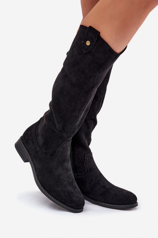 dlouhé boty s širokými podpatky s ažurovými prvky S.Barski HY51-062 Černé dlouhé boty s širokými podpatky s ažurovými prvky S.Barski HY51-062 Černé