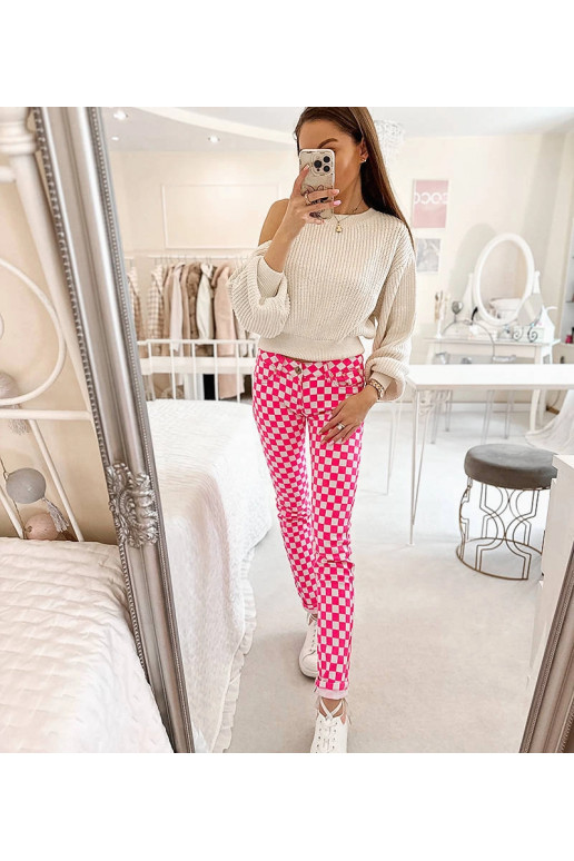 Růžové kostkované látkové kalhoty Bler