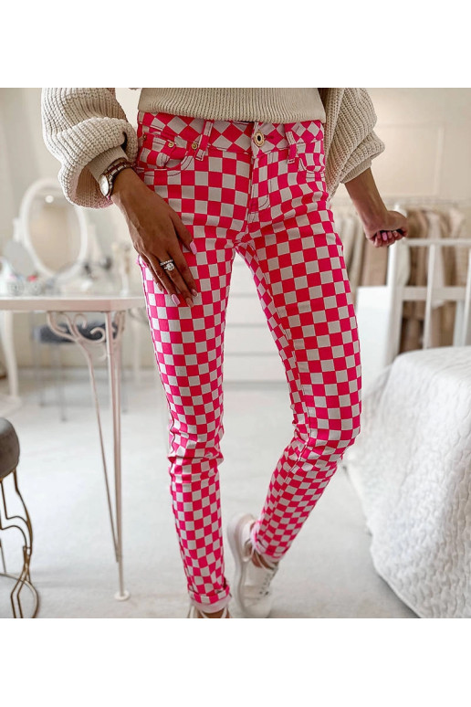 Růžové kostkované látkové kalhoty Bler