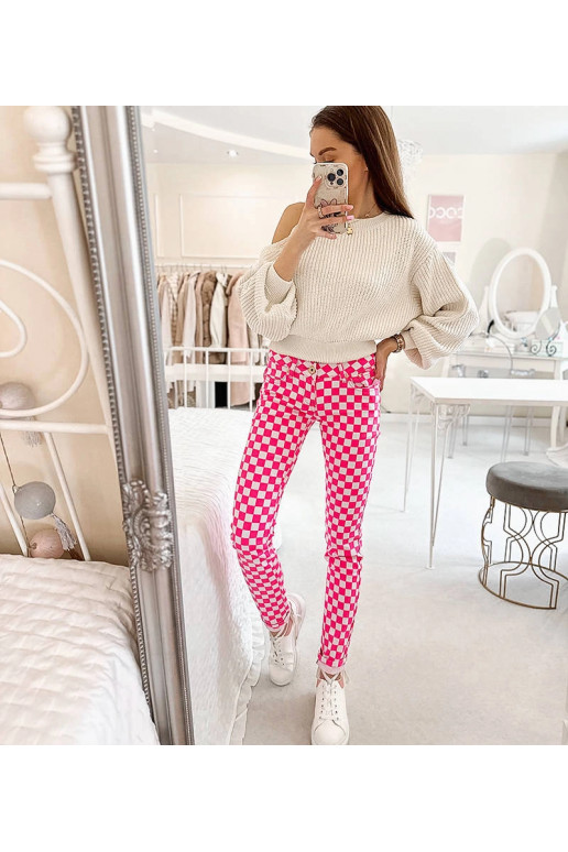 Růžové kostkované látkové kalhoty Bler