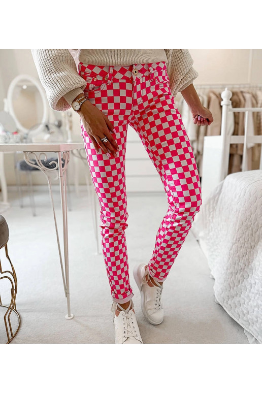 Růžové kostkované látkové kalhoty Bler